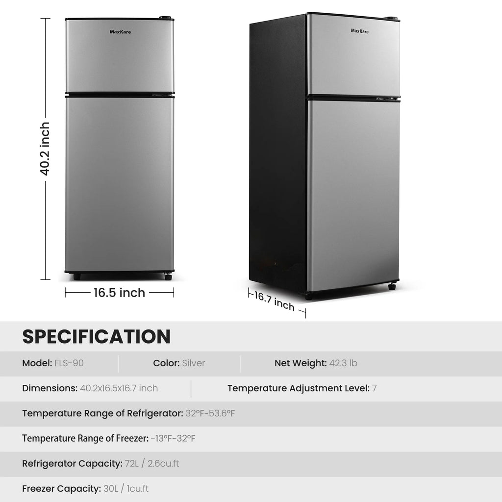 MaxKare 3.6 Cu.ft Mini Fridge with Freezer 2-Door Compact Refrigerator for Dorm, Office, Bar, RV, Bedroom, Silver