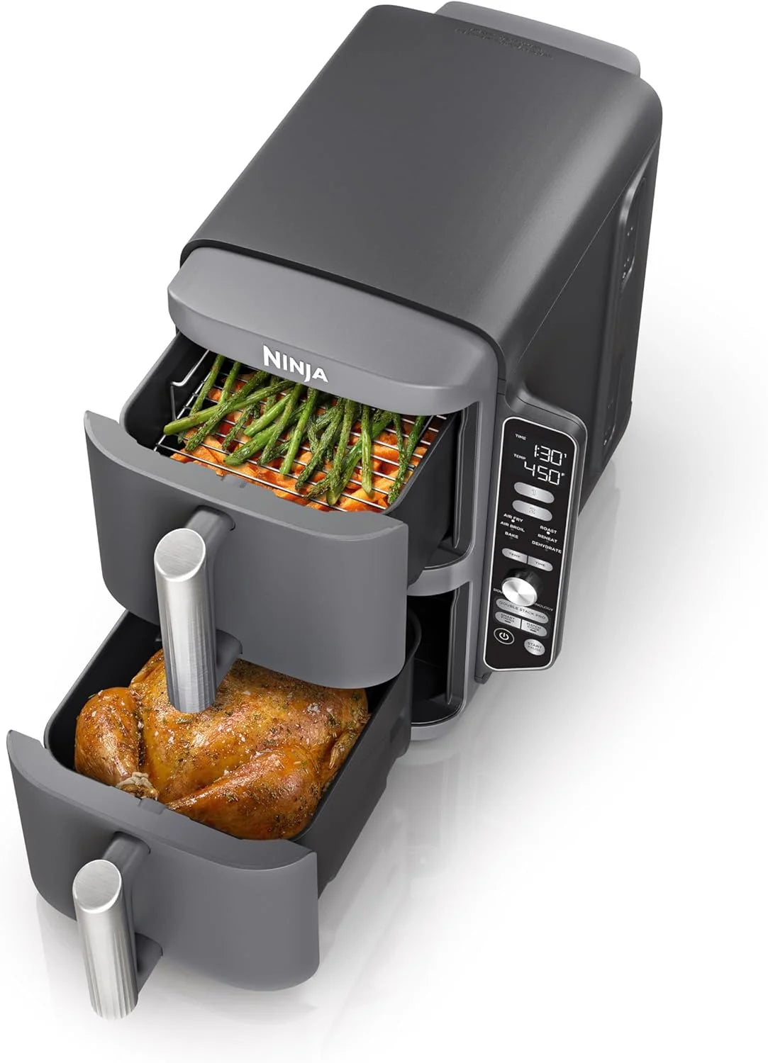 Restored Ninja Air Fryer, 10QT DoubleStack XL 2-Basket, Compact Design, Cooks 5lb Whole Chicken, Roast, Bake & More, Dishwasher Safe Parts, Grey, SL401 (Ceritified)(Refurbished)