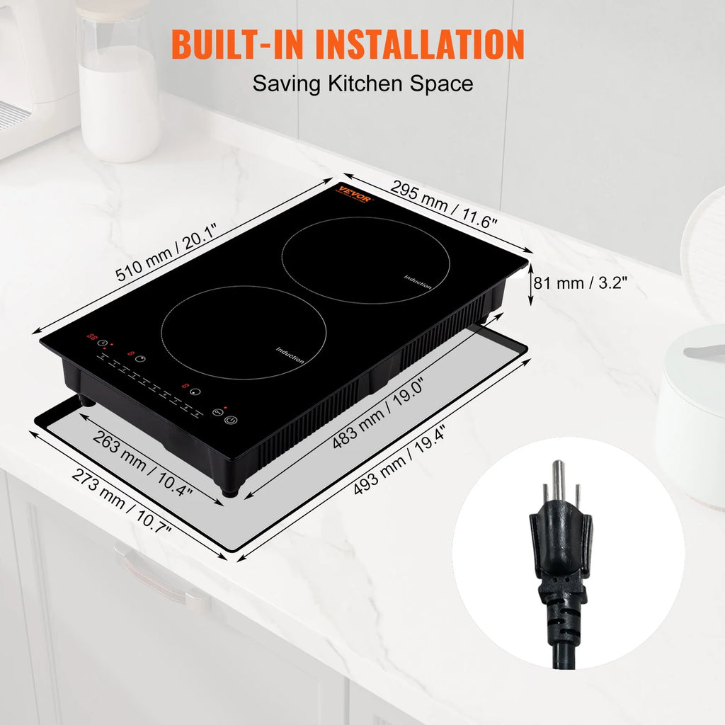 KFFKFF 12" Electric Cooktop, 1800W 2 Burners Ceramic Glass Stove Top Touch Control Built-in Magnetic Cooktop w/ 9 Heating Level Child Lock & Over-Temperature Protection