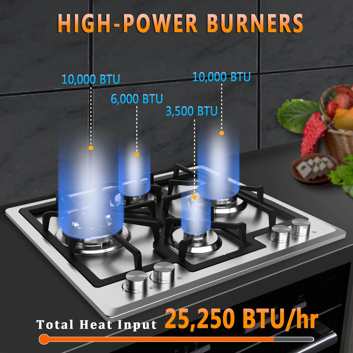 Gas Cooktop 23 inch, Adorer Bulit-in Gas Stove Top with 4 Burner, 23 Inch NG/LPG Convertible Cooktops, Four Burner Propane Cooktop with Thermocouple Protection, Stainless Steel
