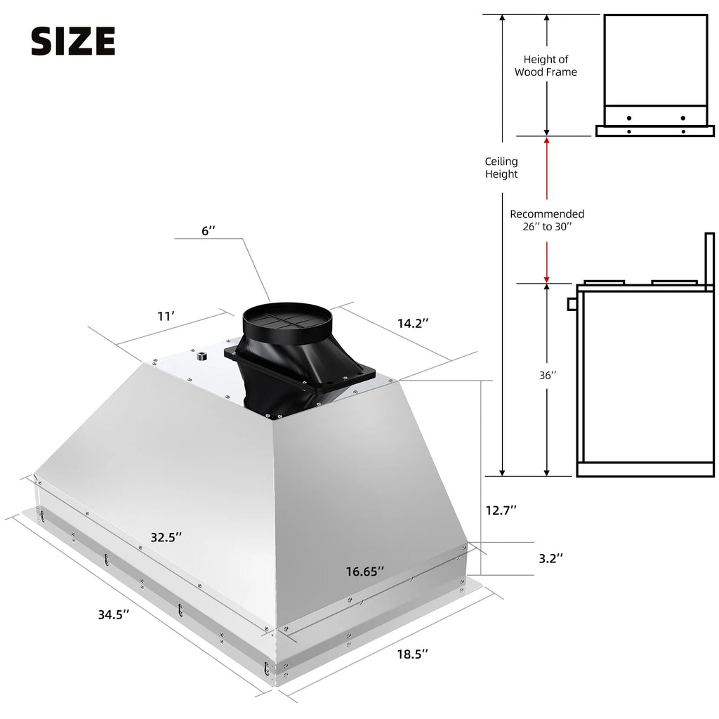 Brano 36-Inch Built-in Range Hood Insert , Voice/Gesture/Touch Control, 900 CFM, 4-Speed, Ducted/Ductless, Adjustable Lights