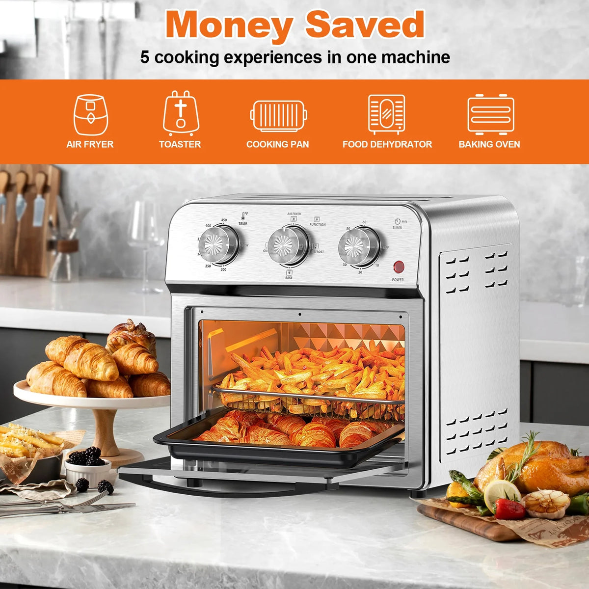 Plum Chef 13QT Air Fryer Toaster Oven Combo, 7-in-1 Multifunctional Countertop Oven with 360�� Hot Air Circulation for Healthy Oil-Free Cooking, Family Size, Stainless Steel, Silver