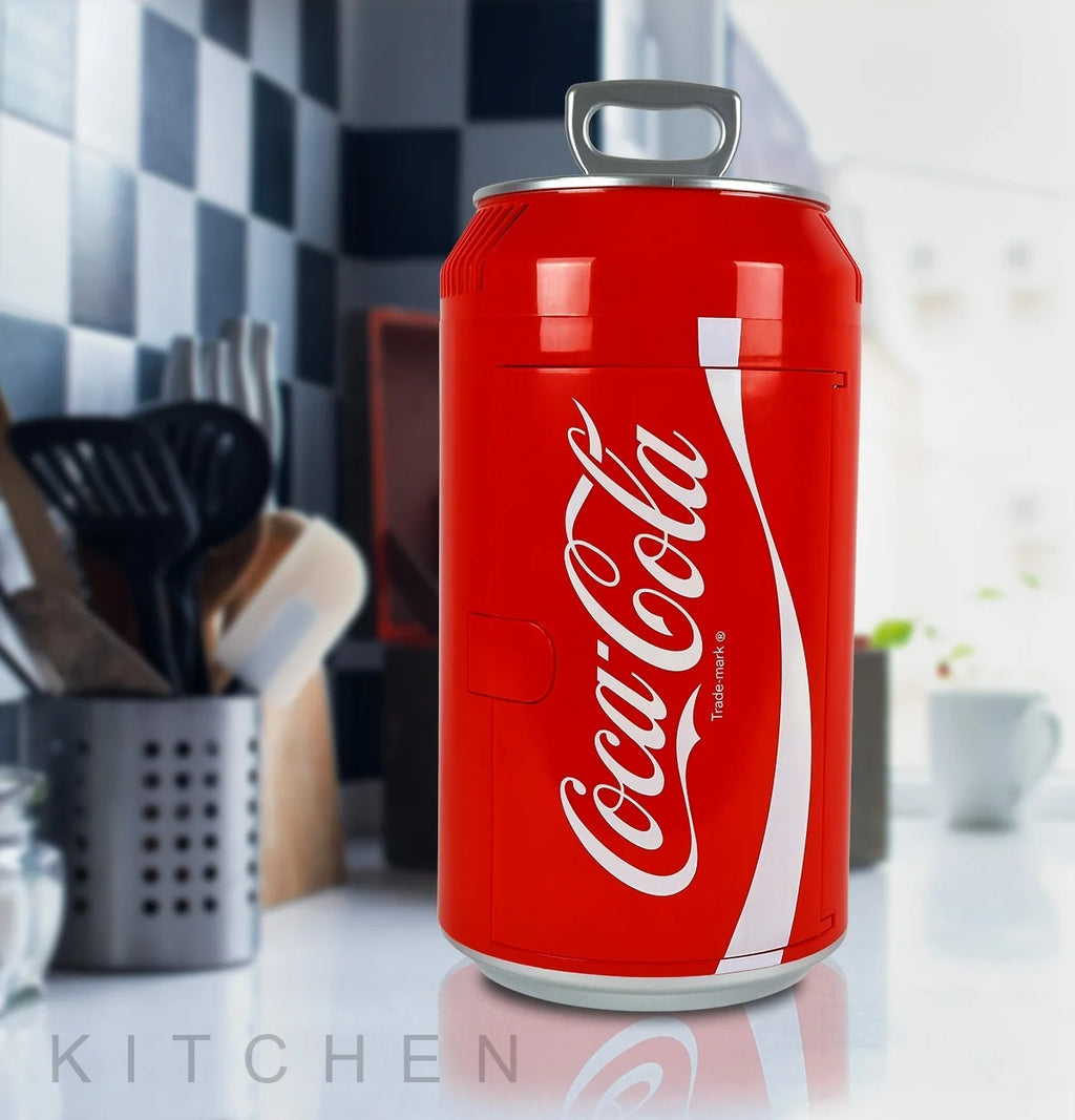 Coca-Cola 8 Can Portable Mini Fridge w/ 12V DC and 110V AC Cords, 5.4L (5.7 qt) Can Shaped Personal Cooler, Red, Travel Fridge for Drinks, Snacks, Lunch, Home, Office, Dorm Room, RV
