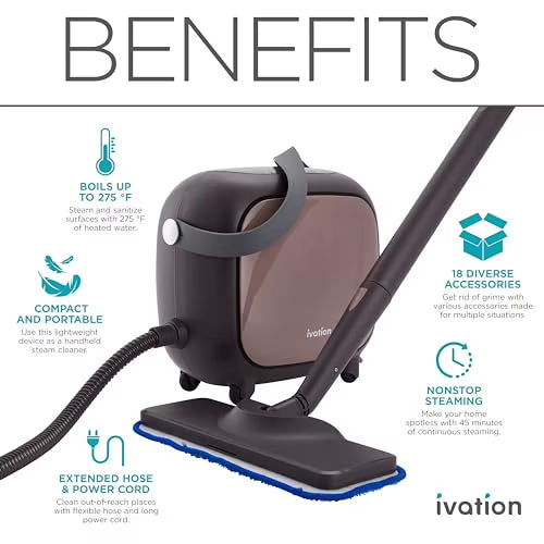 Steam Cleaner, Powerful Multipurpose Steamer w/ 18 Accessories, Chemical-Free Cleaning and Sanitizing for Floor, Tiles, Car Detailing, Wallpaper, Grout, Bed Bugs, Clothes, Curtains and Carpet