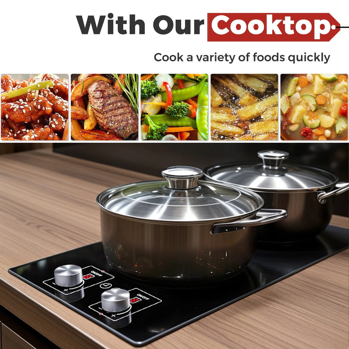 Advwin 2 Burner Electric Cooktop,110v Electric Cooktop with Knob Control,12 Inch Countertop & Built-in Ceramic Cooktop with Child Safety Lock, Timer, 9 Power Levels and Over-Temperature Protection