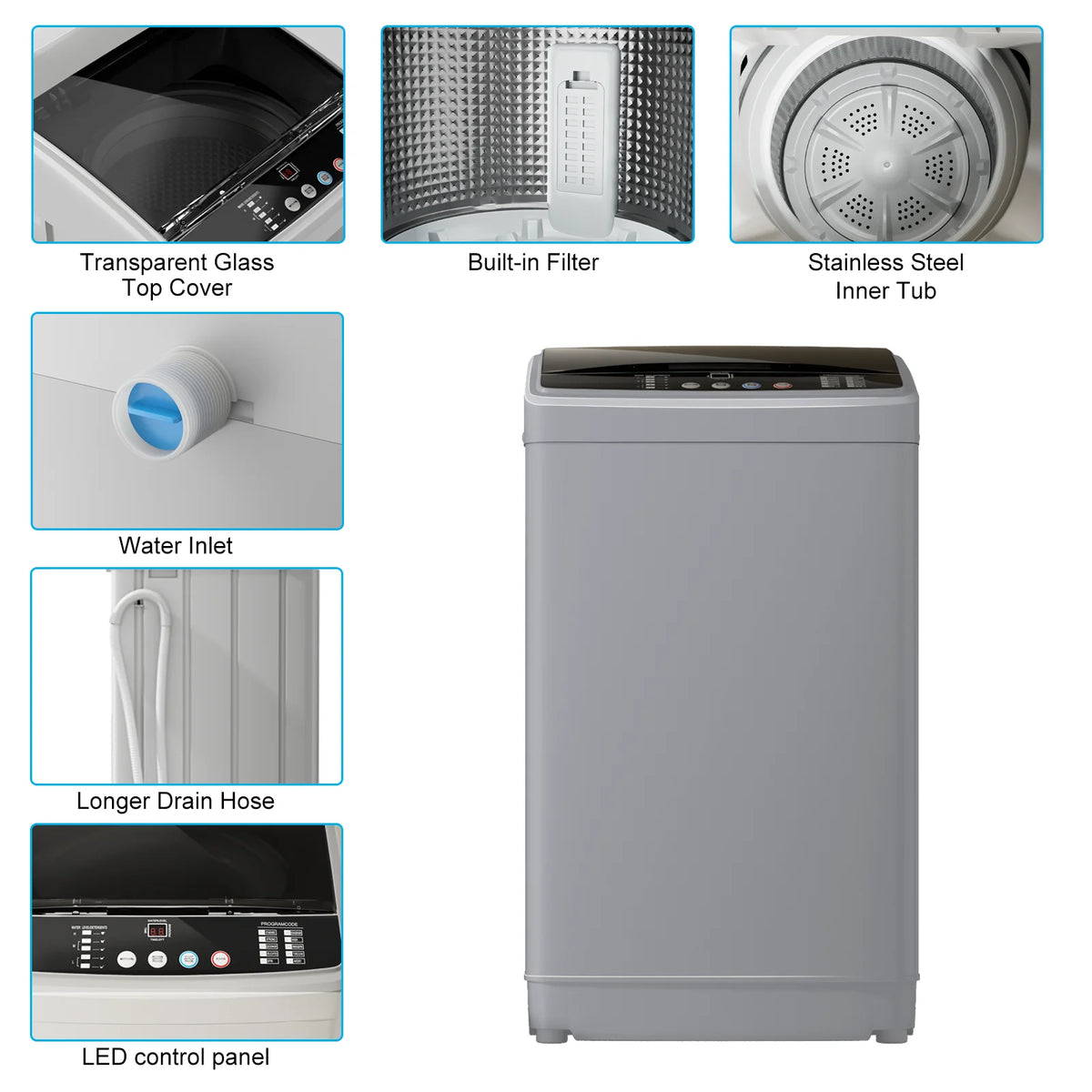 TABU 19lbs Portable Washing Machine,2.5 Cu.ft Full Automatic Washing Machine,Top Load,White