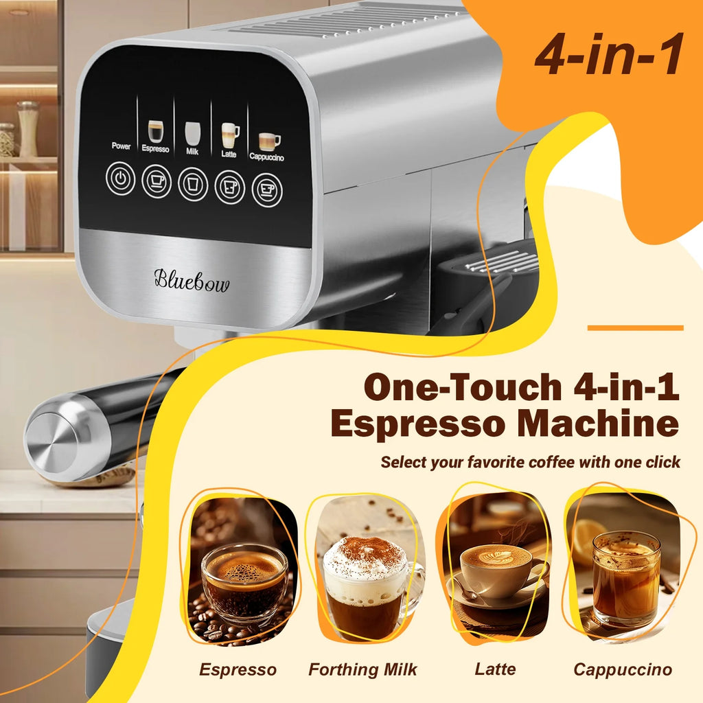 Bluebow Espresso Coffee Machine, 20 Bar Cappuccino & Latte Maker with Auto Milk Frother, Compact Design with Cup Warmer,Stainless Steel