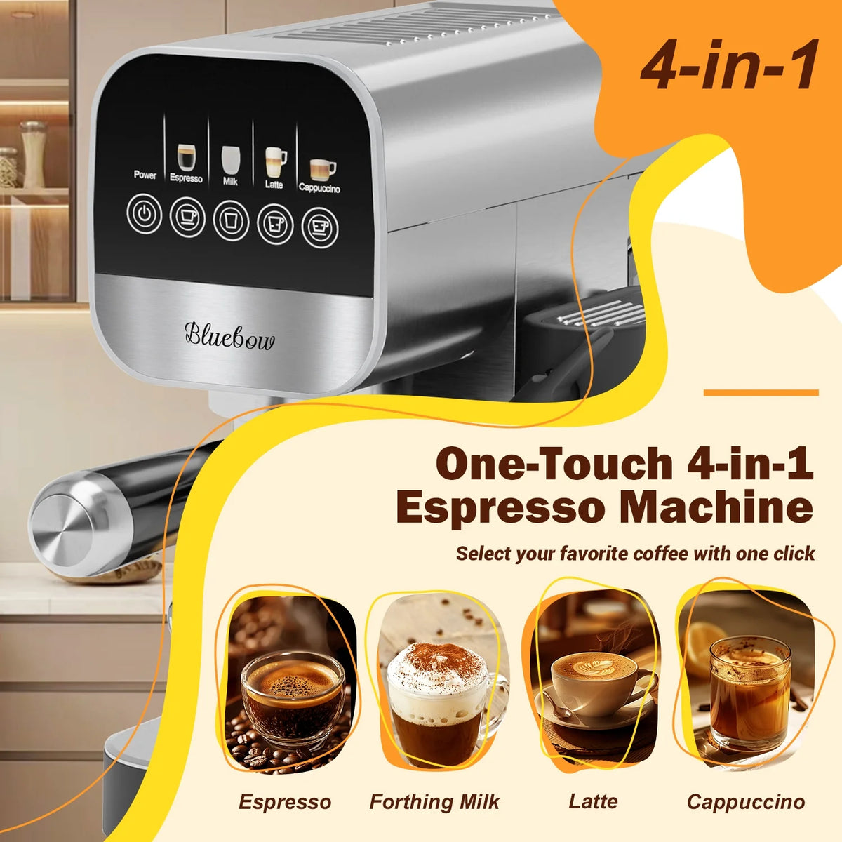 Bluebow Espresso Coffee Machine, 20 Bar Cappuccino & Latte Maker with Auto Milk Frother, Compact Design with Cup Warmer,Stainless Steel