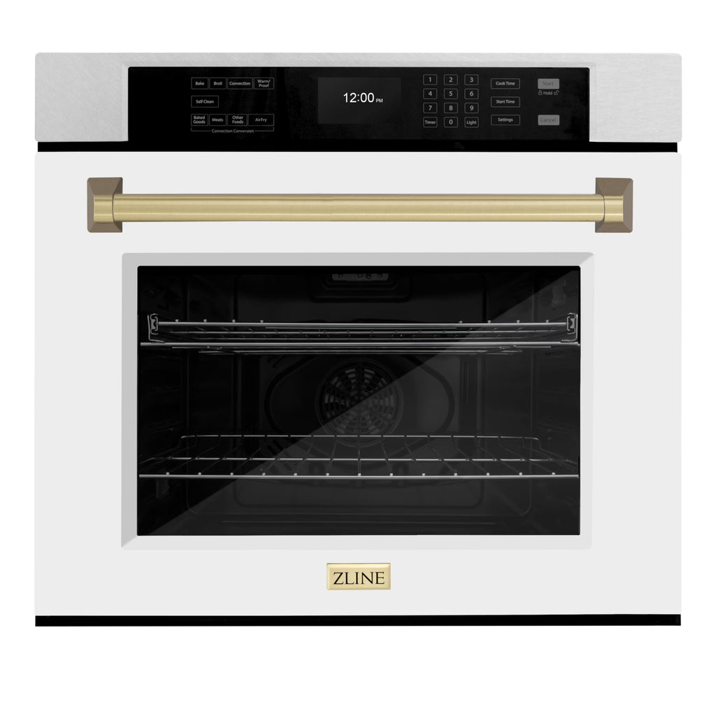 ZLINE 30 in. Autograph Edition Professional Convection Single Wall Oven with Air Fry and Self Clean in DuraSnow Stainless Steel with White Matte Door and Champagne Bronze Handle (WASSZ-WM-30-CB)