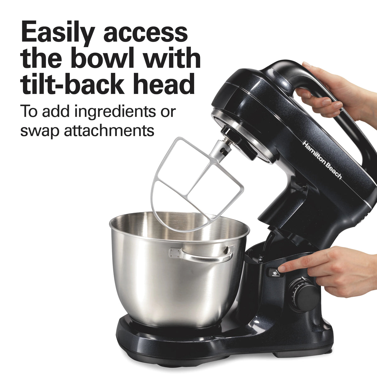Hamilton Beach 4 Quart Stand Mixer for Kitchen, 7 Speeds, Tilt-Head, Dough Hook, Whisk & Flat Beater, Black