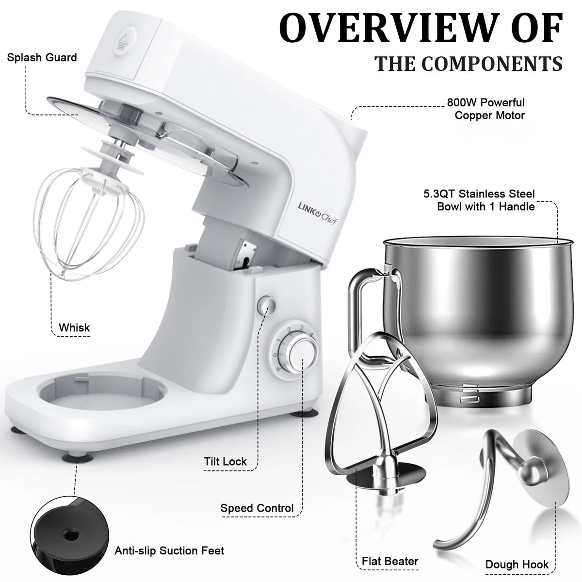 LINKChef Stand Mixer, 5.3QT 800W 6+P Speeds with Whisk, Dough Hook and Beater (White)