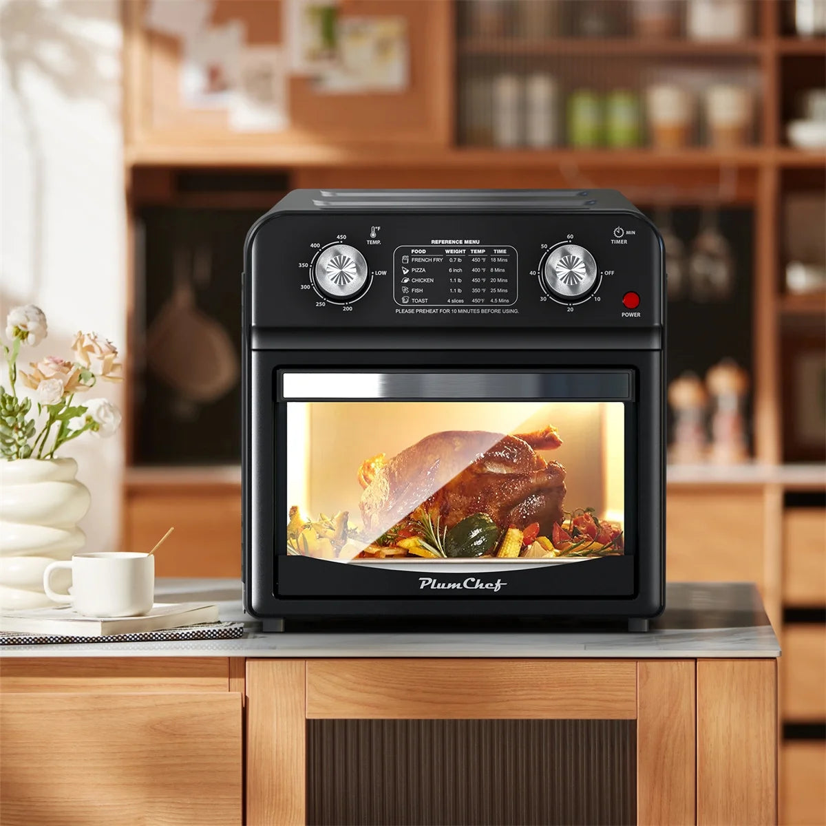 Plum Chef 13 Quart Air Fryer, Large Air Fryer Oven Toaster Combo w/ 60 Minute Timer , Convection Oven Countertop, Accessories, UL Certified, Nonstick, Accessories Included, 1500W, Sliver
