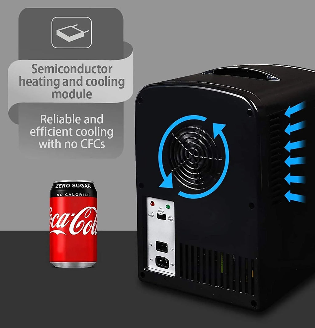 Coca-Cola Coke Zero 4L Portable Cooler/Warmer, Compact Personal Travel Fridge for Snacks Lunch Drinks Cosmetics, Includes 12V and AC Cords, Desk Accessory for Home Office Dorm Travel, Black