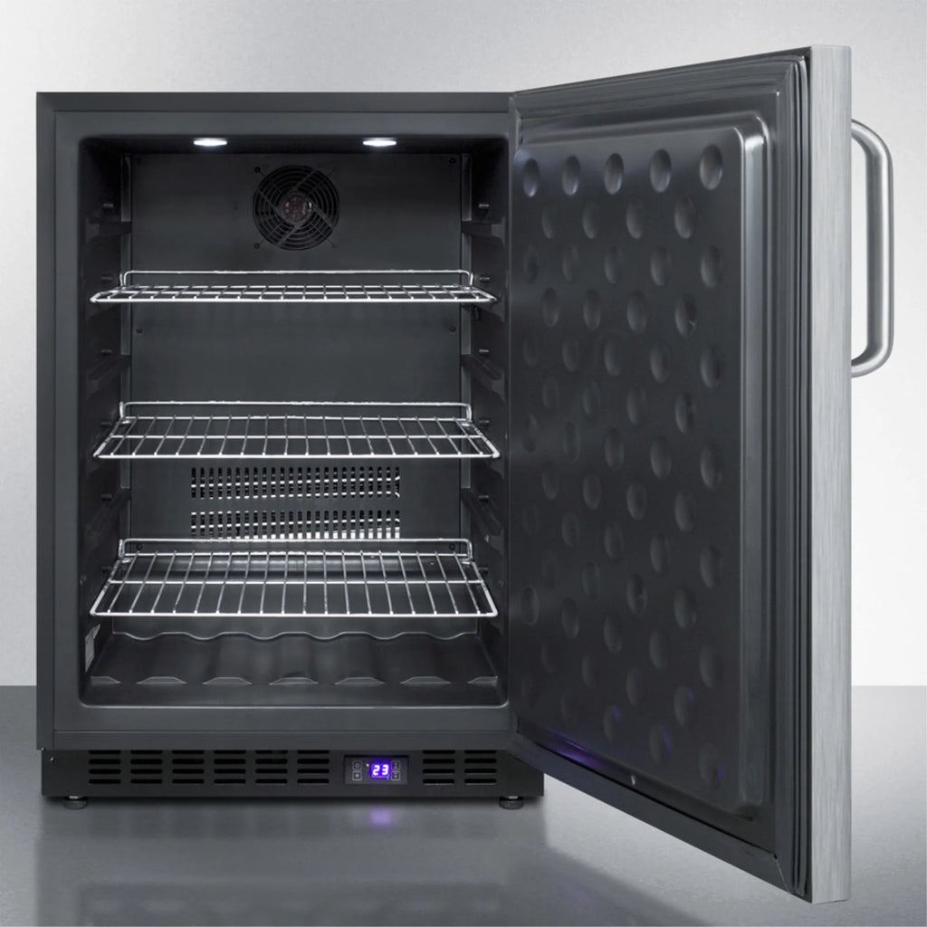Frost-free outdoor all-freezer in complete stainless steel, w/digital thermostat, LED lighting, towel bar handle, and lock; built-in or freestanding