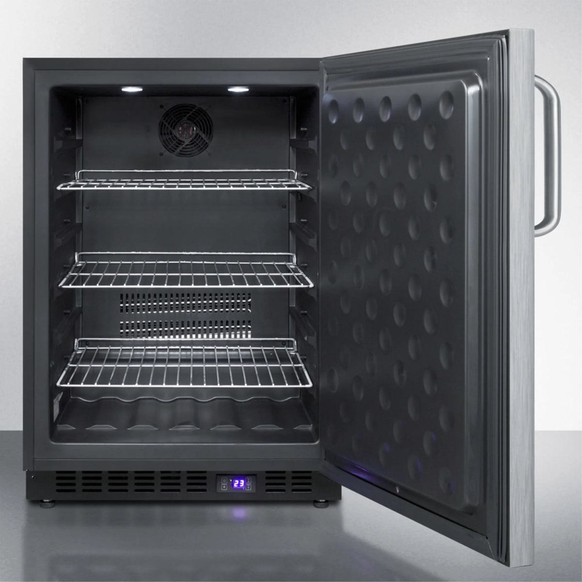 Frost-free outdoor all-freezer in complete stainless steel, w/digital thermostat, LED lighting, towel bar handle, and lock; built-in or freestanding