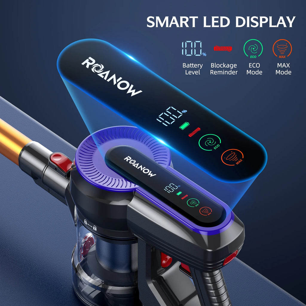 Roanow Cordless Vacuum Cleaner, 38KPA/55Mins with Display Stick Vacuum for Home Hardwood Floor Carpet Pet