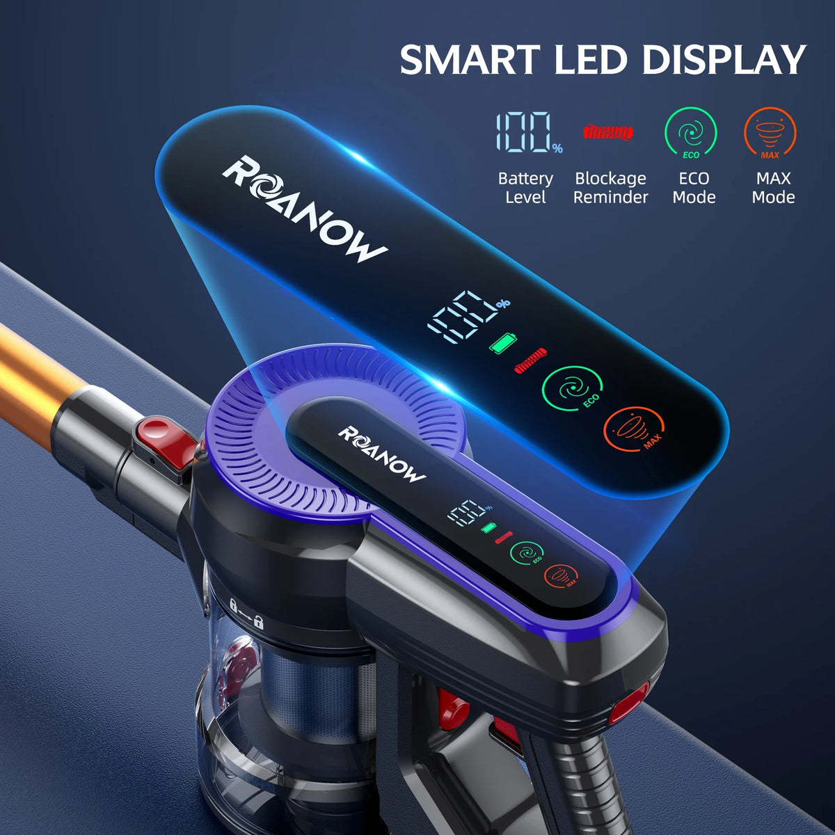 Roanow Cordless Vacuum Cleaner, 38KPA/55Mins with Display Stick Vacuum for Home Hardwood Floor Carpet Pet