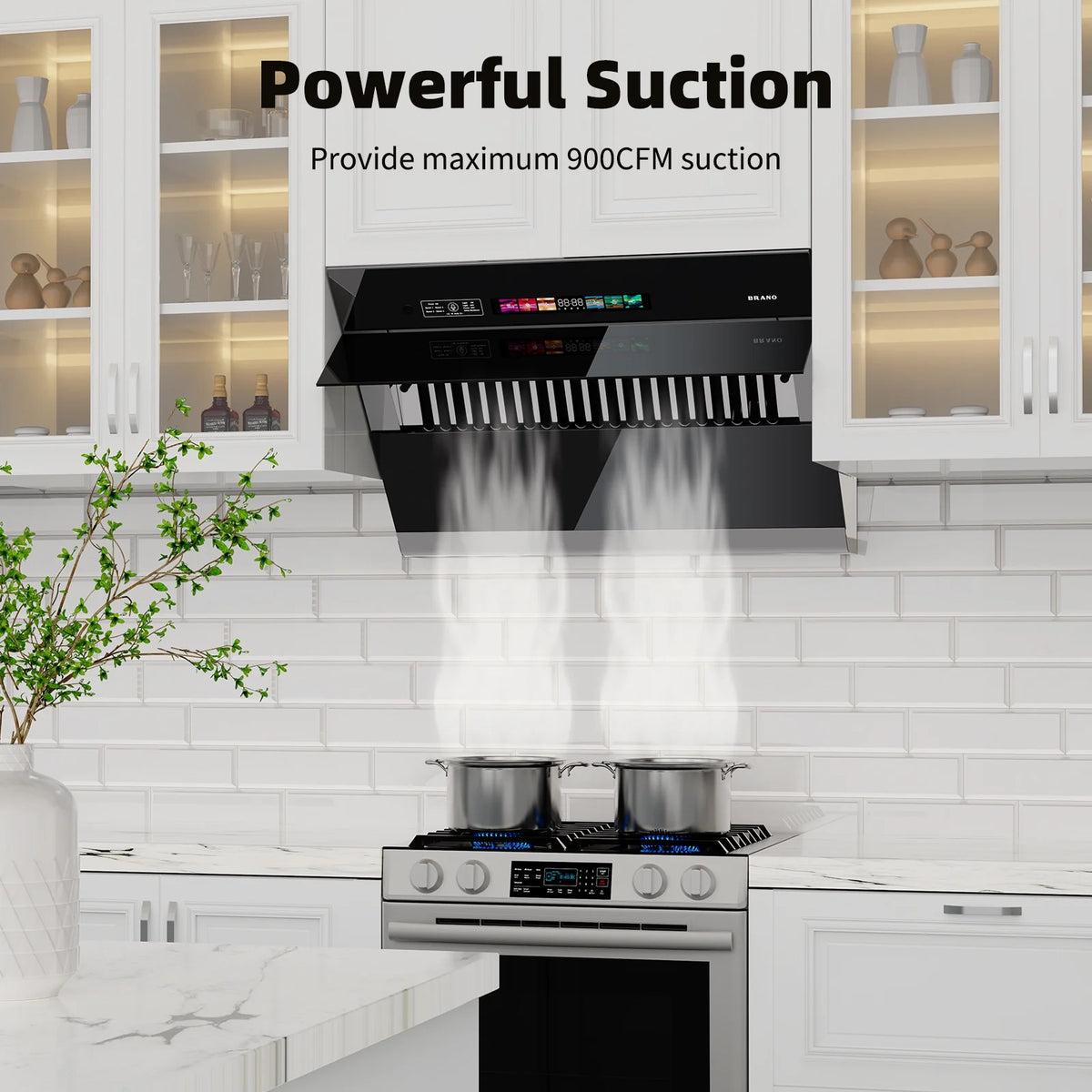 BRANO 30 inch Range Hood Stainless Steel Kitchen Hood, 900CFM, Voice/Gesture Sensing, Touch Control, Side-Draft Design