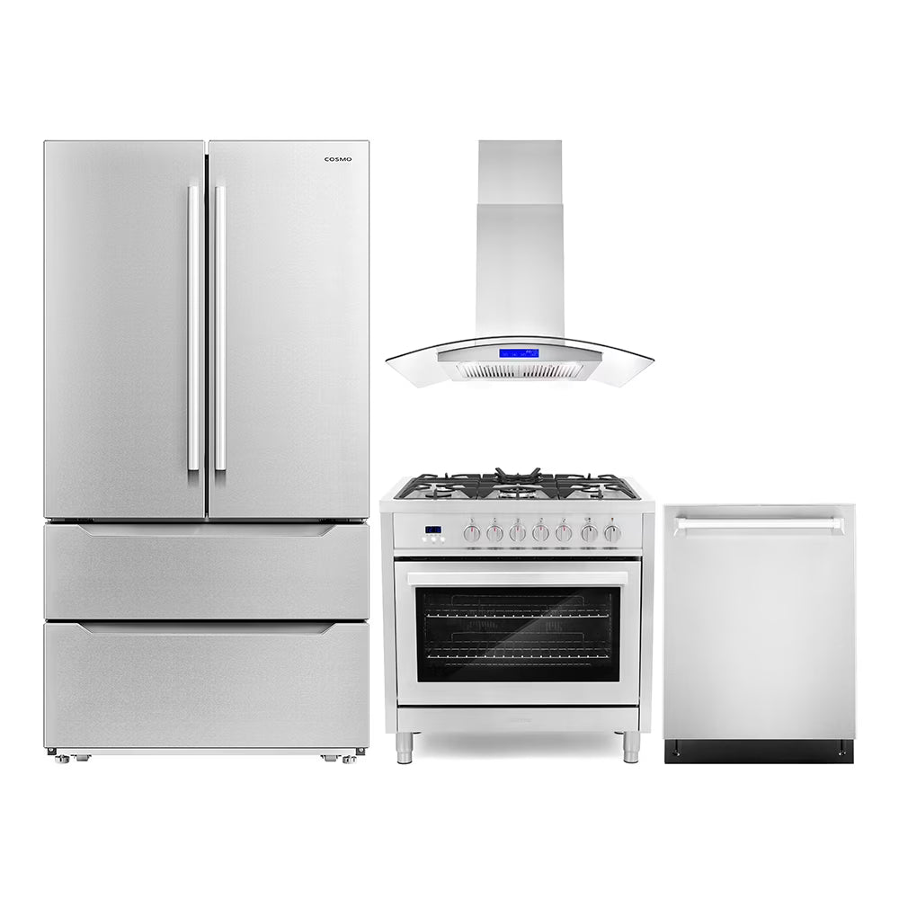 Cosmo 4 Piece Kitchen Appliance Package with 36" Freestanding Dual Fuel Range 36" Island Range Hood 24" Built-in Integrated Dishwasher & French Door Refrigerator Kitchen Appliance Bundles