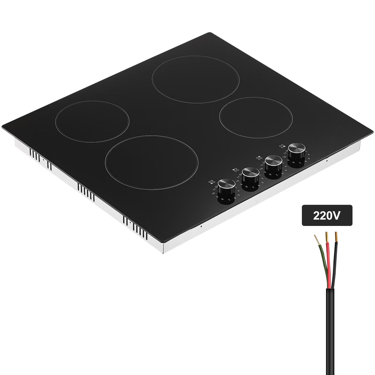 KFFKFF 24" Electric Cooktop, Electric Range, 4 Burner Built-in Ceramic Cooktop with 11 Power Levels, Knob Control, 6000W Ceramic Surface, Glass Panel, Dial Controls, 220-240V, Direct Wiring Required