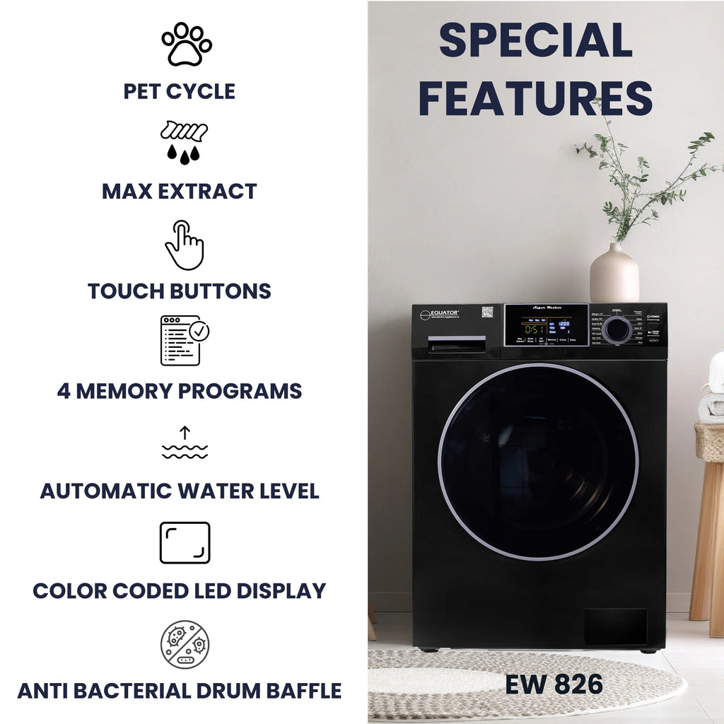 Equator 110V 1.6 cf Washer w/ Pet Cycle & 110V 3.5cf Vented Digital Sensor Dryer in Black