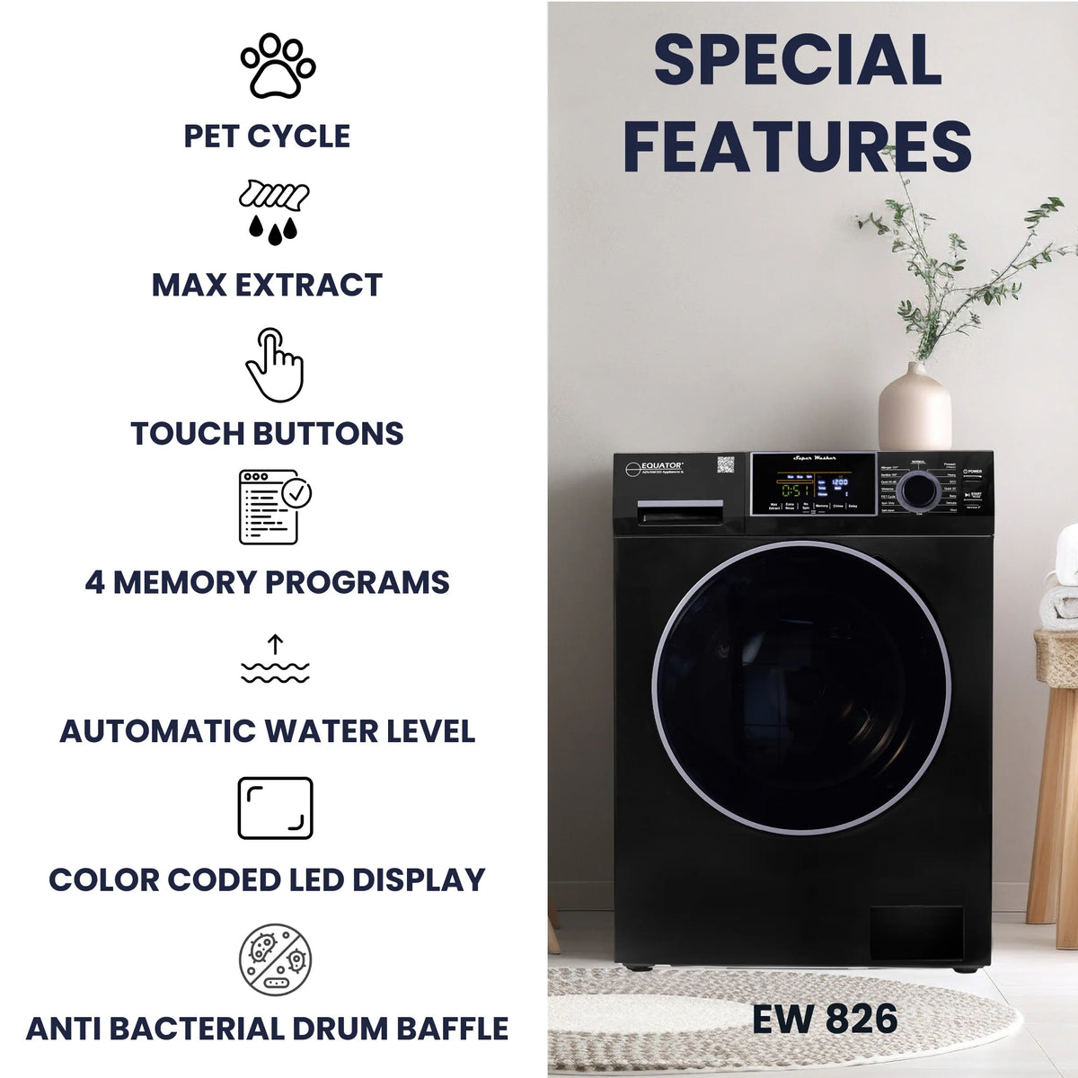 Equator 110V 1.6 cf Washer w/ Pet Cycle & 110V 3.5cf Vented Digital Sensor Dryer in Black