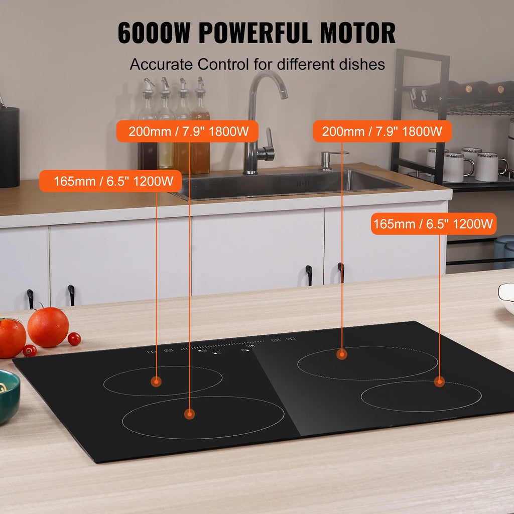 KFFKFF Electric Ceramic Cooktop, 23" 6000W 4 Burners Built-in Countertop Burners Cooker Touch Sensor Control, Overheat Protection, Child Lock, 220-240V (NO Plug)