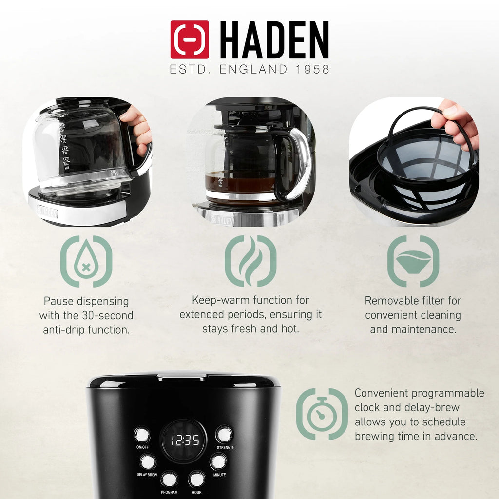 Haden Coffee Maker & Heritage 1.7 Liter Electric Kettle, Black & Chrome