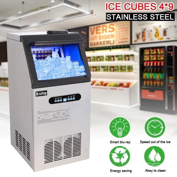 ZK-110 Commercial Ice Maker Machine - 120V 110lbs/24h Stainless Steel with Transparent Lid, 4x9 Aluminum Tray for Restaurants, Bars, Hotels (Silver)