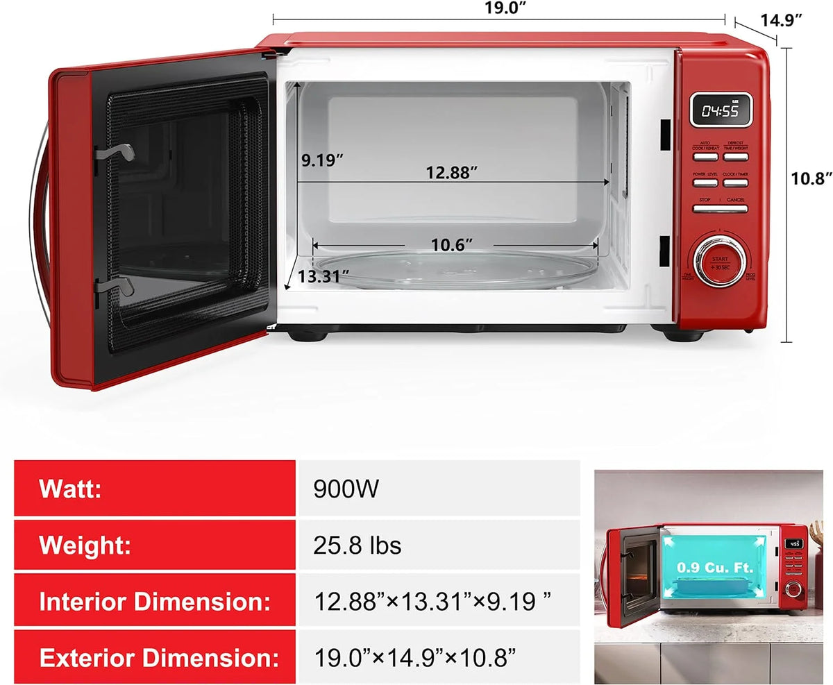 Galanz Retro Countertop Microwave Oven with Auto Cook & Reheat, Defrost, Quick Start Functions, Easy Clean with Glass Turntable, Pull Handle, .9 cu ft, Black