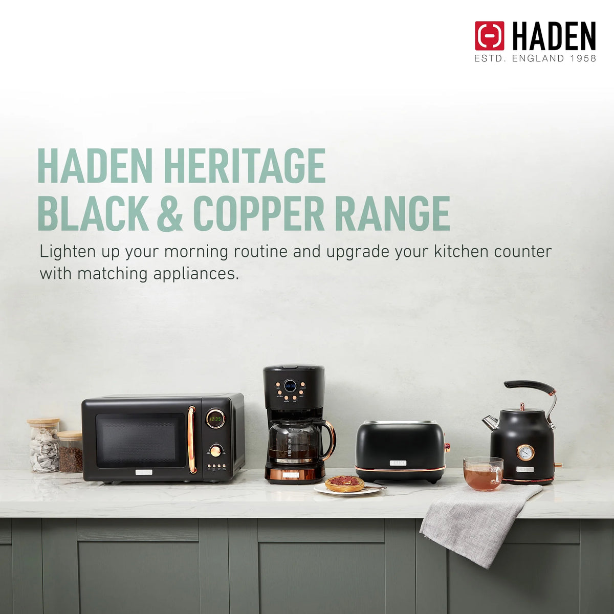 Haden Heritage 2 Slice Wide Slot Toaster & Coffee Maker, Black & Copper