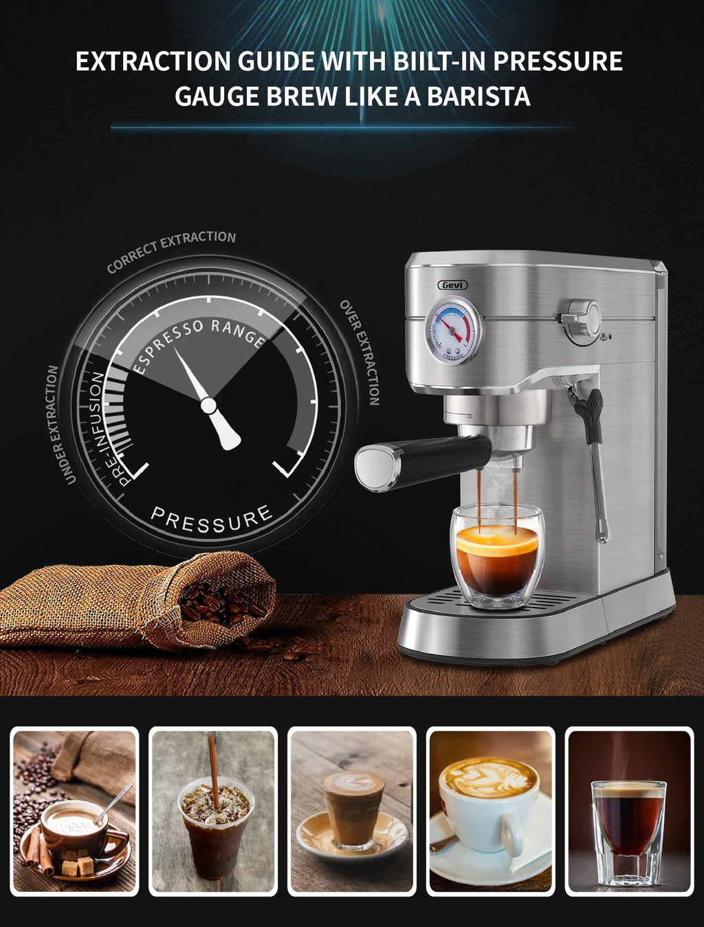Gevi Compact Espresso Coffee Machine with Milk Steam Wand GECME418EA-U