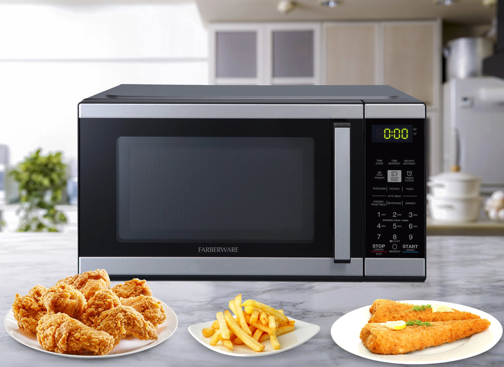 Farberware Countertop Microwave 900 Watts, .9 cu ft - Microwave Oven With Child Lock - Perfect for Apartments and Dorms - Easy Clean Grey Interior, Stainless Steel