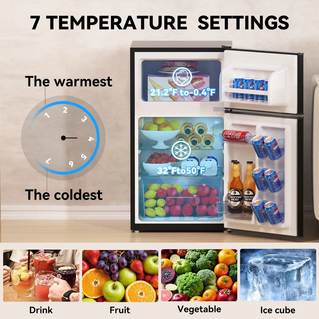 Frestec 3.2 Cu.Ft Compact Refrigerator, 2 Door, Black, Energy-Saving, Quiet, Mini Fridge