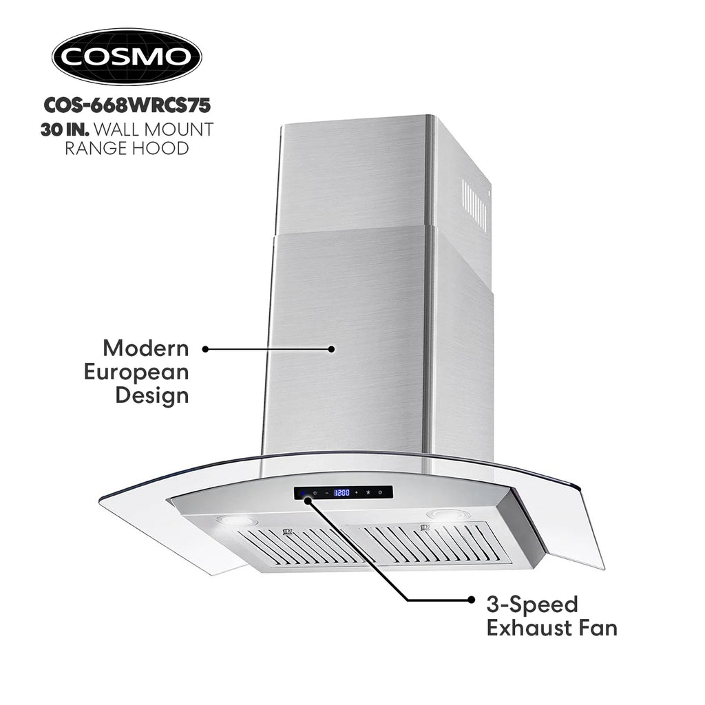 30 in. Vista Collection Ductless Wall Mount Range Hood, Button Controls, LED Lights, Stainless Steel