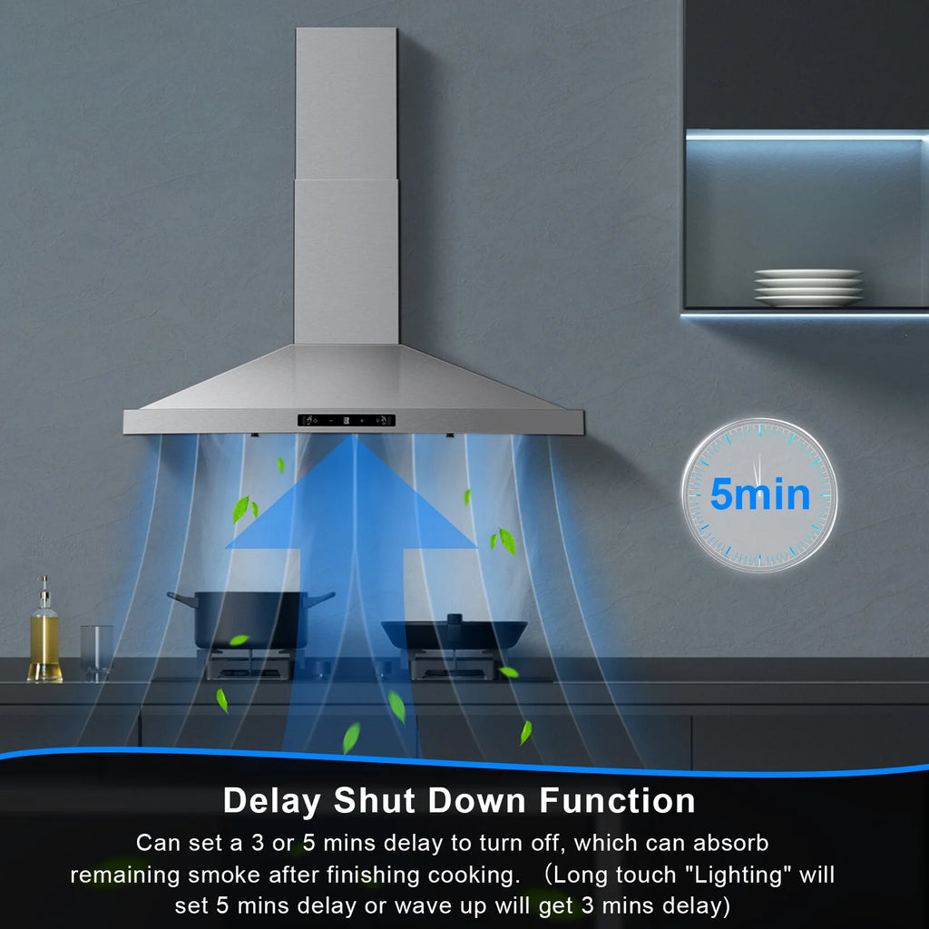 New 30 Inch Stainless Wall-Mounted Kitchen Range Hood 3-Speed Fan Exhaust Vent Gesture/Touch 120V