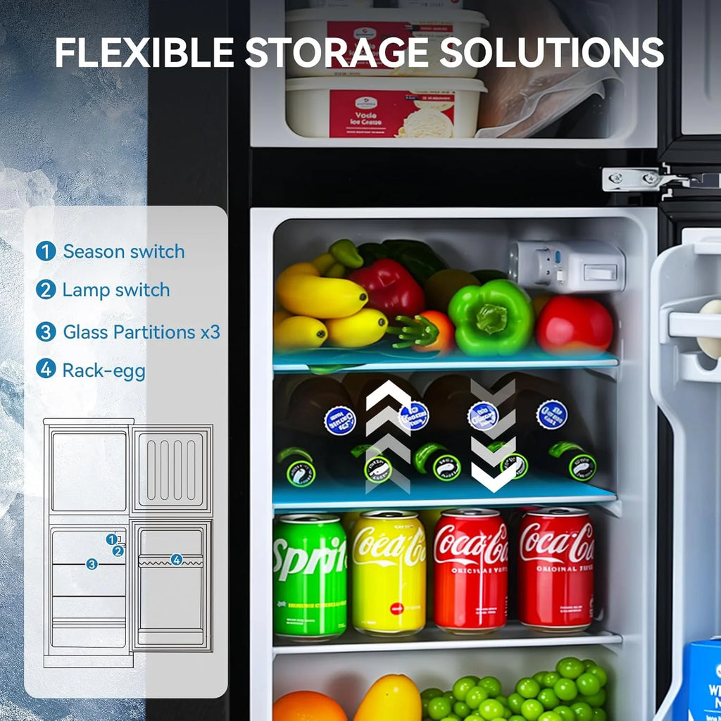GGTB 3.5 Cu.Ft Fridge with Freezer, Double Door Refrigerator with 6 Level Thermostat, LED Light, Adjustable Glass Shelves for Bedroom, Office, Dorm, Apartment, Silver