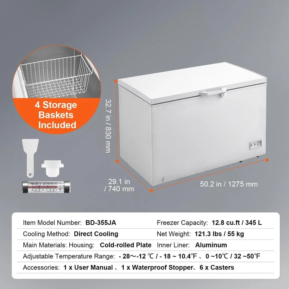 Choco Moon Large Capacity 14.5 Cu.ft Chest Freezer, 345L Storage, 4 Slide-Out Baskets, Lockable Lid, 8 Temp Control Levels, Energy-Efficient LED Lights, 6 Swivel Casters for Easy Mobility