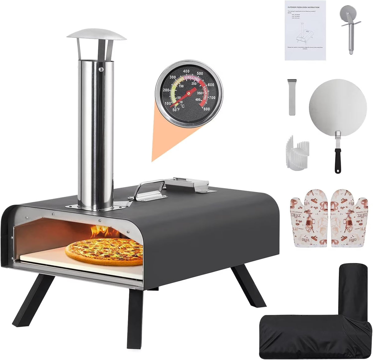 Pizza Oven Outdoor,12" Portable Wood Fired Pizza Oven with Thermometer,Pizza Stone,Pizza Peel,Thermometer and Carry Bag,Stainless Steel Pizza Maker Grill for Backyard or Camping