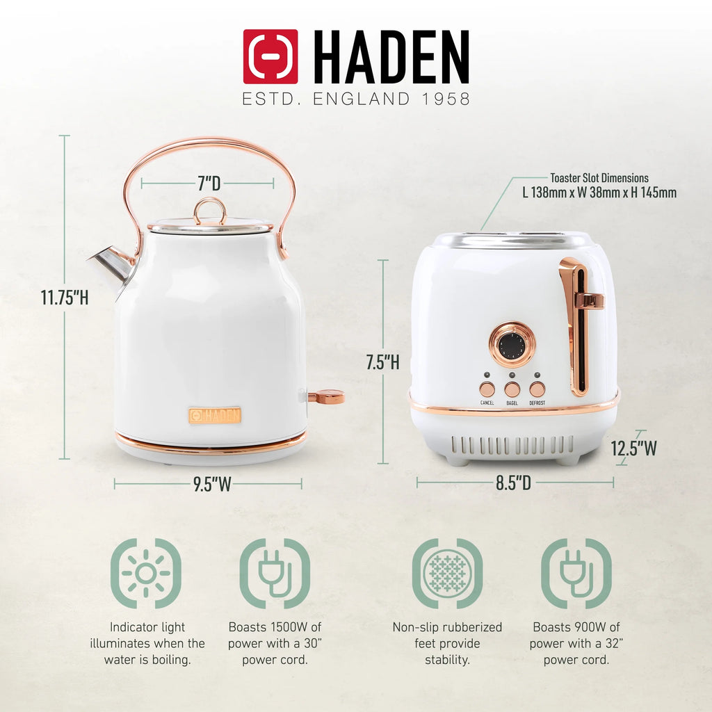 Haden Heritage 1.7 Liter Electric Kettle with 2 Slice Bread Toaster, White