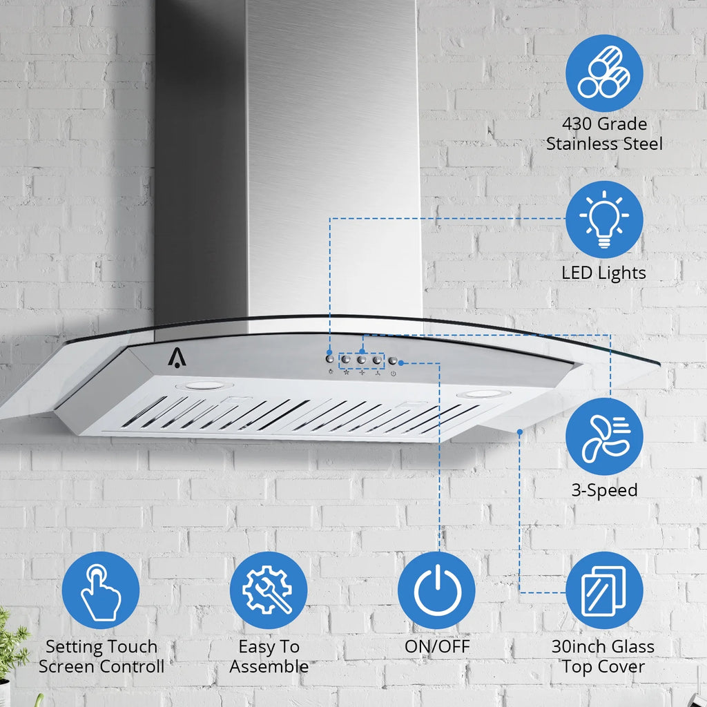 STRELECT 30 Inch Curved Glass Range Hood, 400 CFM Ductless/Ducted Convertible Stove Vent Hood with Chimney, 3 Speed Fan, LED Light, Button Control Vent Hood for Stove Kitchen