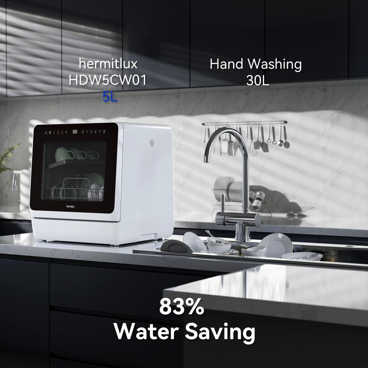 Hermitlux Portable Countertop Dishwasher, 5 Washing Programs, 5L Built-in Water Tank and Air-Dry Function, HMX-DW03