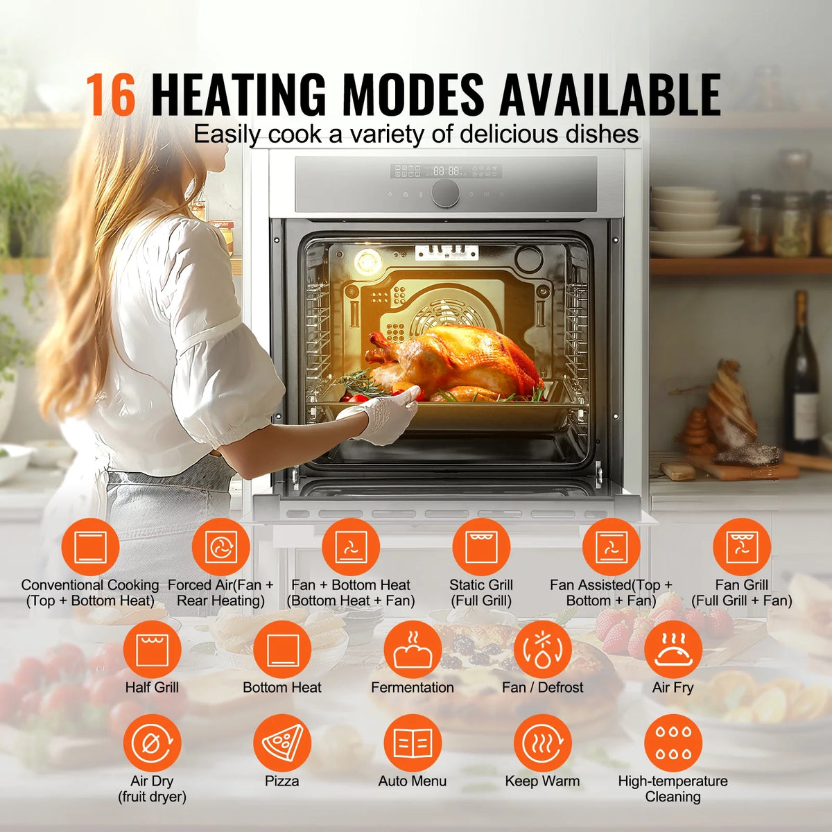 KFFKFF Solo Wall Oven, 24" Electrically Integrated Wall Oven with 16 Culinary Functions, 2.68 Cu.Ft Electric Wall Ovens with Timing Device, 3150W Electric Oven inclusive of Baking Rack and Tray