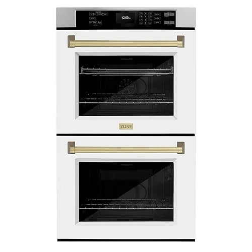 ZLINE 30 in. Autograph Edition Professional Convection Double Wall Oven with Air Fry and Self Clean in Stainless Steel with White Matte Doors and Champagne Bronze Handles (WADZ-WM-30-CB)