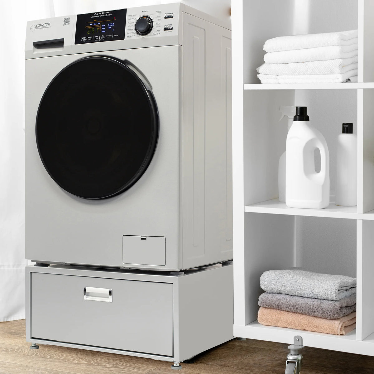 Equator All-in-One Washer Dryer VENTED-DRY 30% FASTER than Condense 15lb 110V with pedestal, Adjustable legs and Sanitize Cycle
