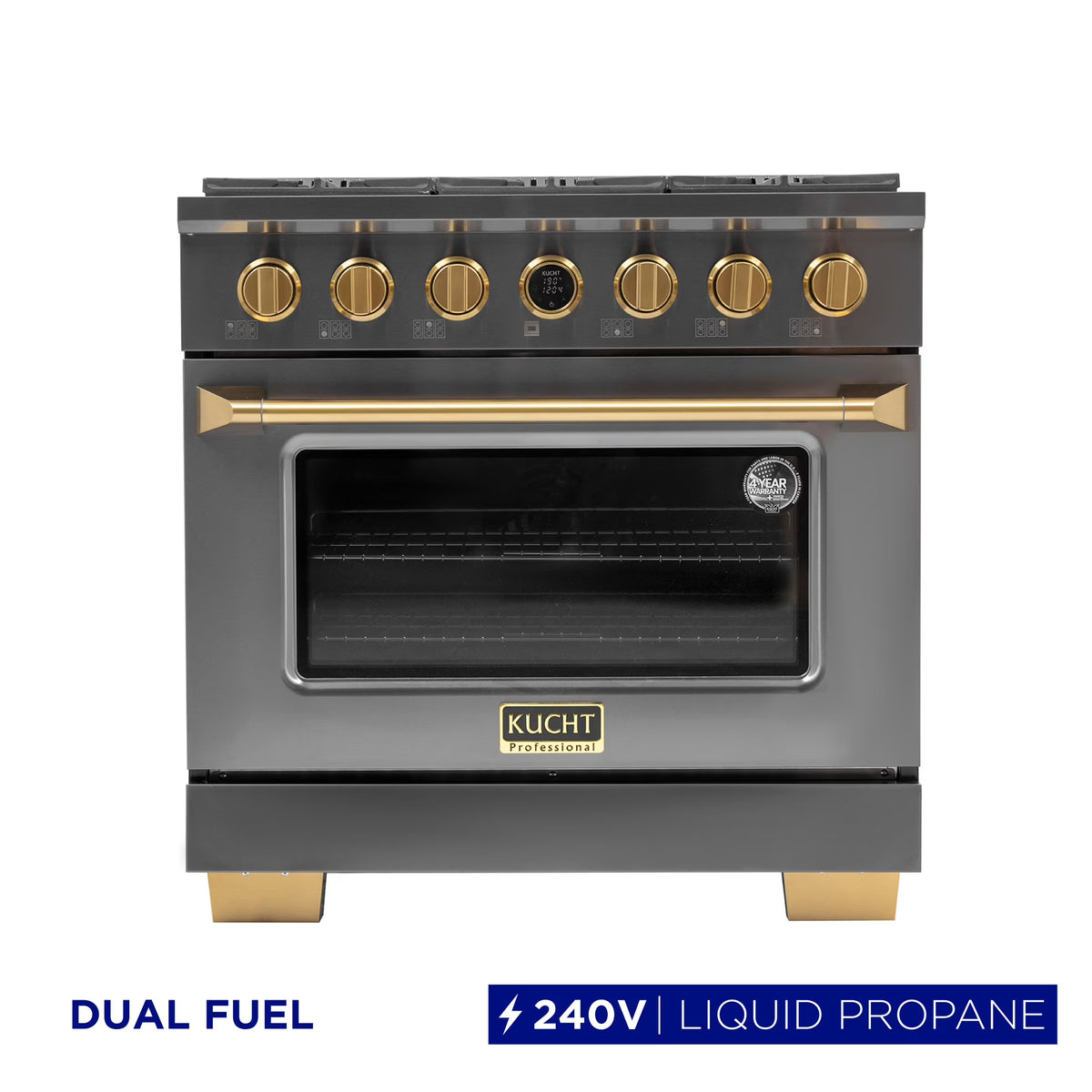 36 in. 5.2 cu. ft. Dual Fuel Range for Propane Gas in Titanium Stainless.