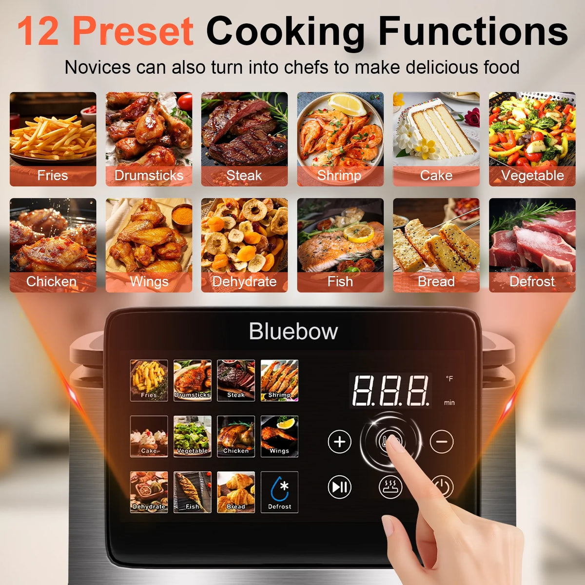 Bluebow 9QT Air Fryer with Large Touch Screen, 12-In-1 Multi-Functional, Visible Window, Oil-Free Cooking, Black