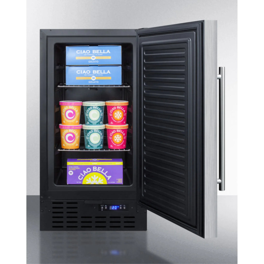 ADA compliant 18" wide frost-free freezer built-in or freestanding use, with SS door, black cabinet, lock, and digital thermostat