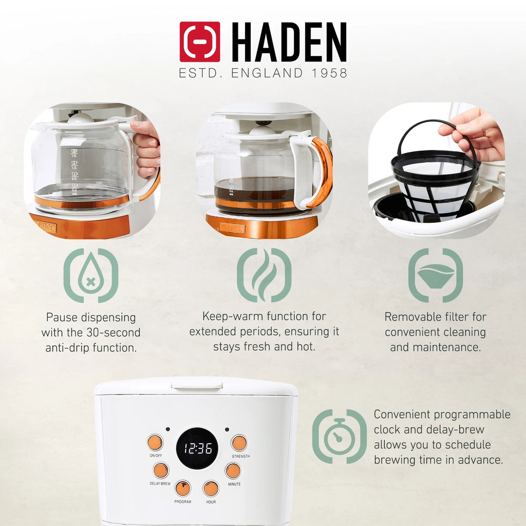 Haden Coffee Maker & Heritage 1.7 Liter Electric Kettle, Black & Chrome
