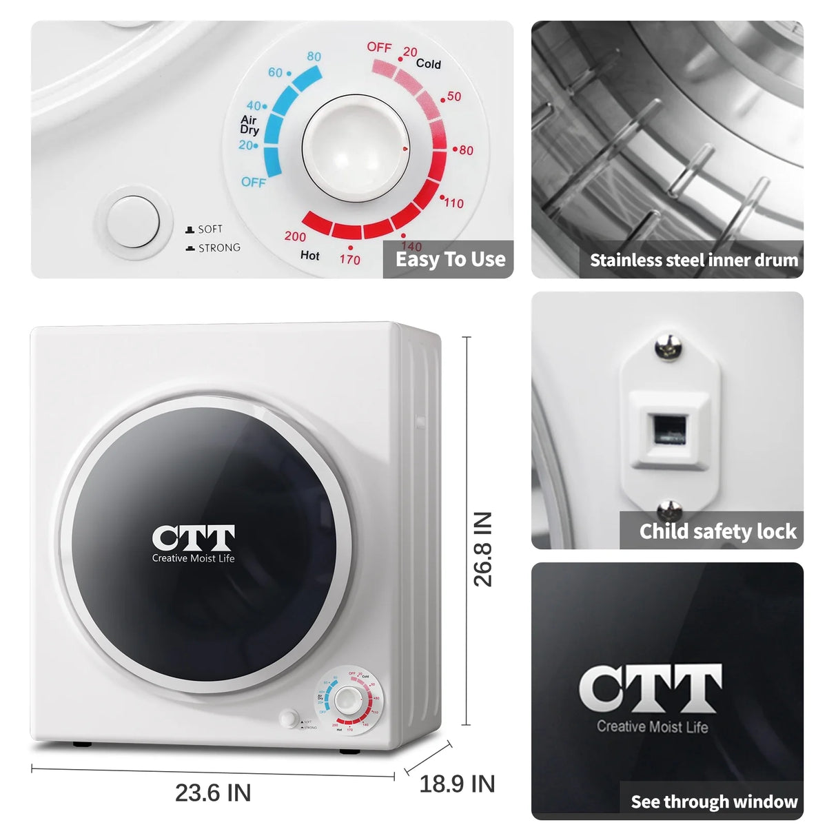 CTT 110V Portable Clothes Dryer 1500W, 3.5 cu.ft Compact Dryer  with Stainless Steel Tub, 4 Drying Mode, Portable Dryers for Laundry, Apartments, RVs, Dorms